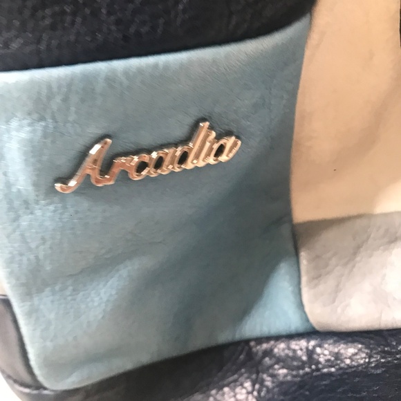 Arcadia Patchwork Leather Shoulder Bag Blue Cream Gray Boho Y2K - Picture 3 of 8